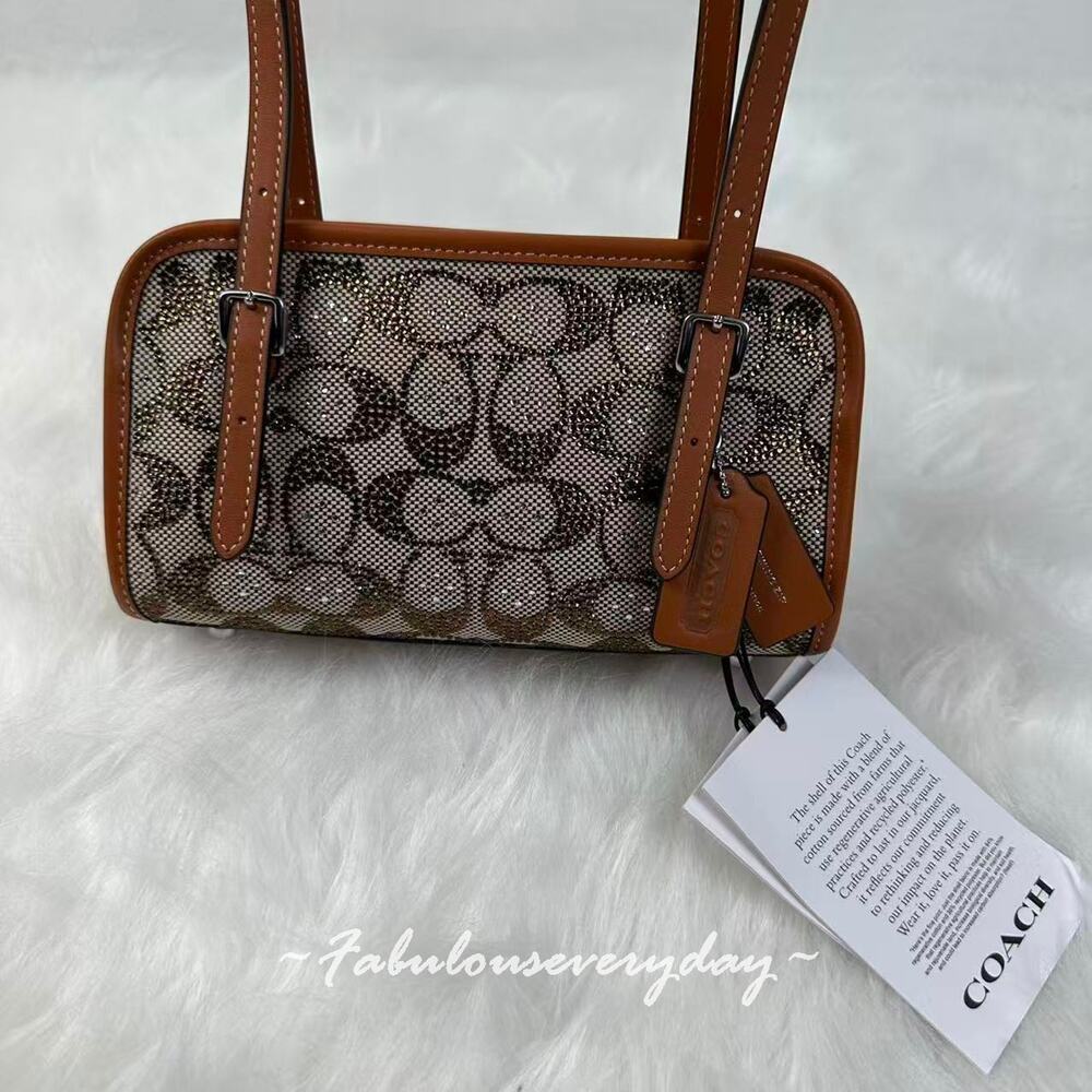 Coach Swing Zip Bag 20 Crystal Signature Jacquard Silver/Burnished Amber CBH53 - Picture 5 of 10